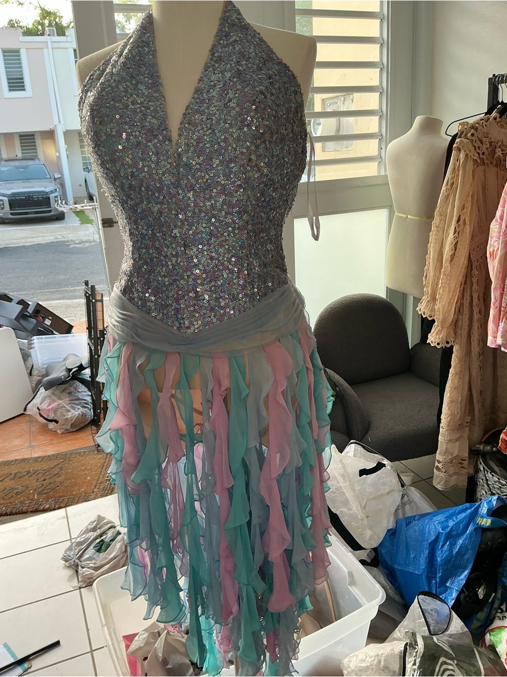 Jovani One-Shoulder Sequined Halter Dress in Lavender, Mint & Blush